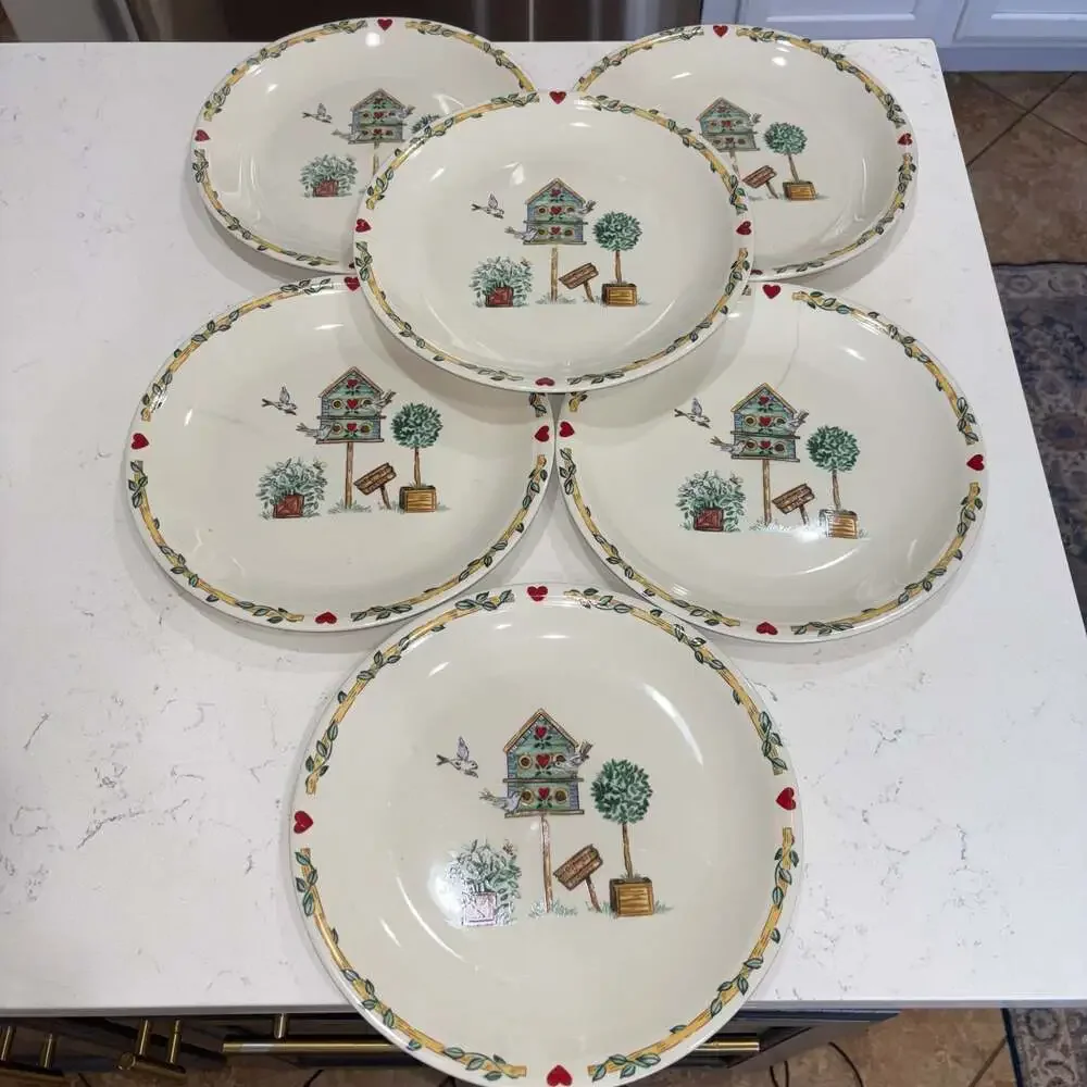 Thomson Pottery Birdhouse Pattern Dinner Plates 10.25” (6)